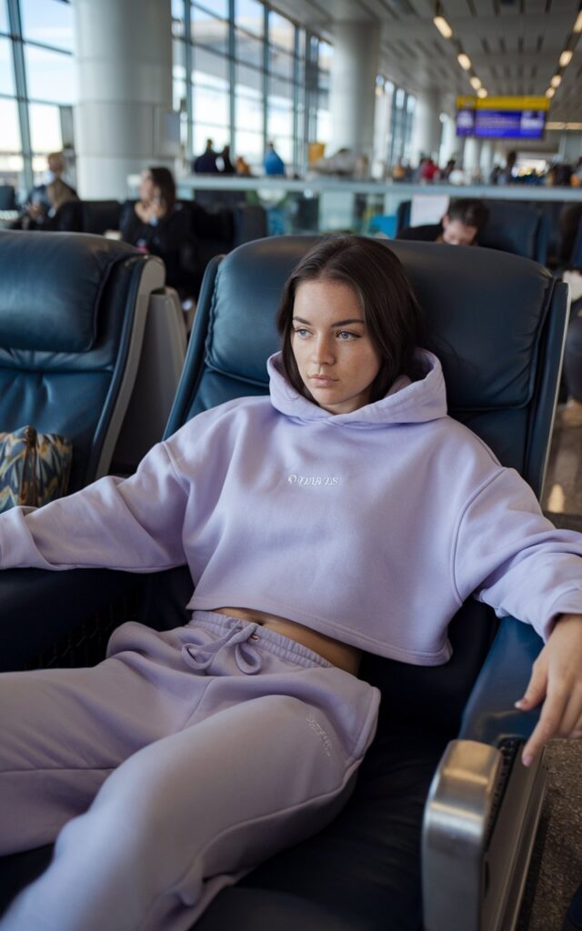 White brunette female lounging in an airport lounge recliner, wearing a cropped lavender hoodie and grey joggers, sipping a smoothie with a Kindle in her lap.