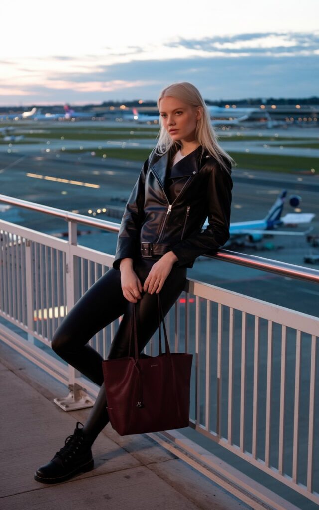White female model leaning against a railing overlooking airport runways at dusk, in a black leather jacket, black leggings, black boots, and a burgundy tote bag.