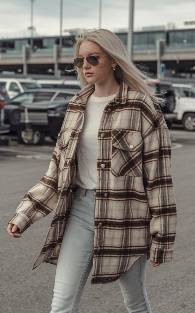 White female model with freckles walking toward an airport parking lot, wearing a plaid shacket, light-wash skinny jeans, white tee, and aviator sunglasses.
