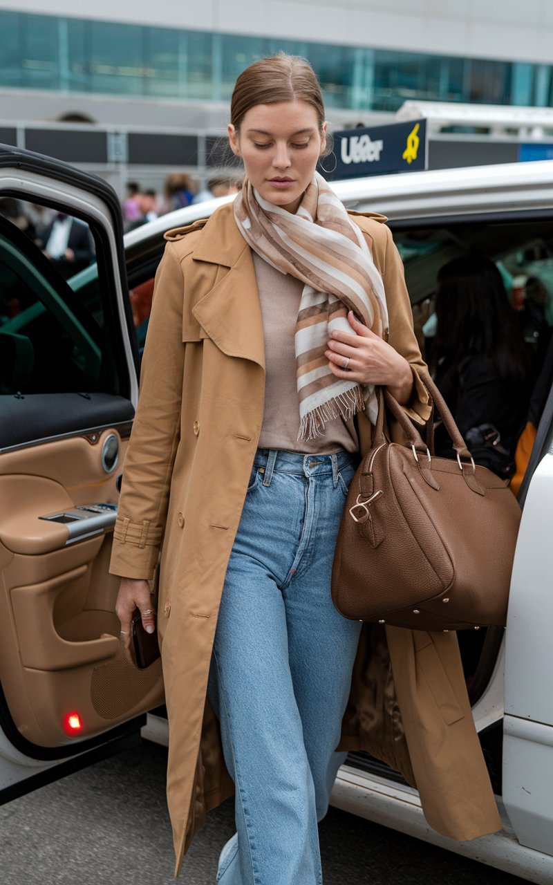 White model exiting an Uber at LAX, wearing a camel-colored trench coat over straight jeans and a tucked-in tee, holding a weekender bag with a soft scarf draped around her neck.