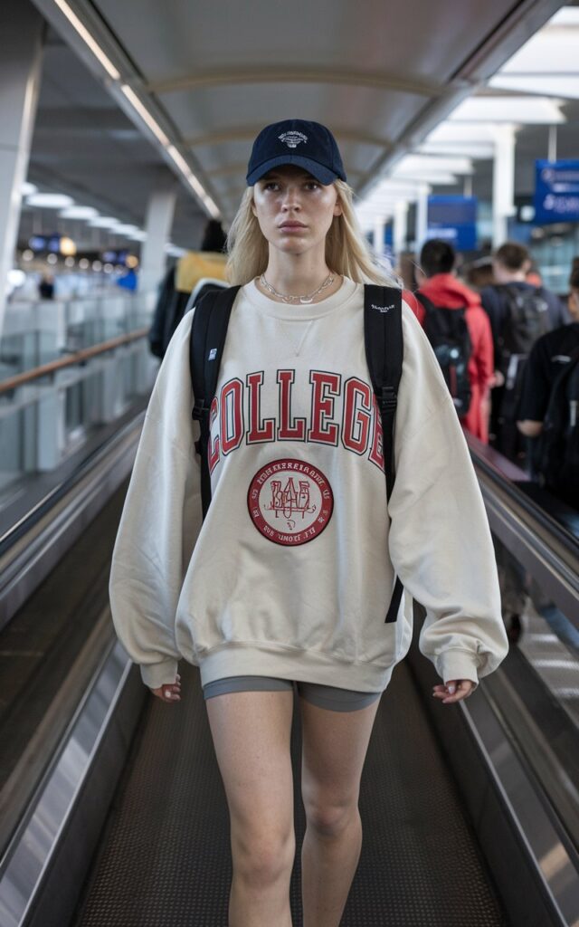White model on a moving airport walkway with a backpack, wearing an oversized college sweatshirt, high-waisted shorts, and a navy baseball cap, casual and carefree look.