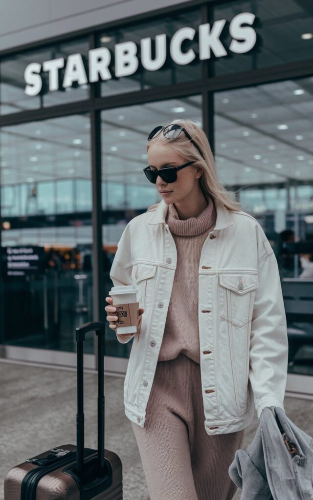 White model outside an airport Starbucks with her suitcase, wearing a light-wash denim jacket and dusty rose knit co-ord, sipping coffee with sunglasses tucked in her hair.
