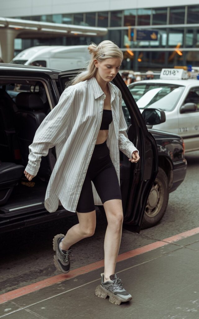 White model with blonde hair exiting a taxi at a busy U.S. airport curbside, wearing an oversized striped shirt, black biker shorts, and chunky dad sneakers, hair in a claw clip.
