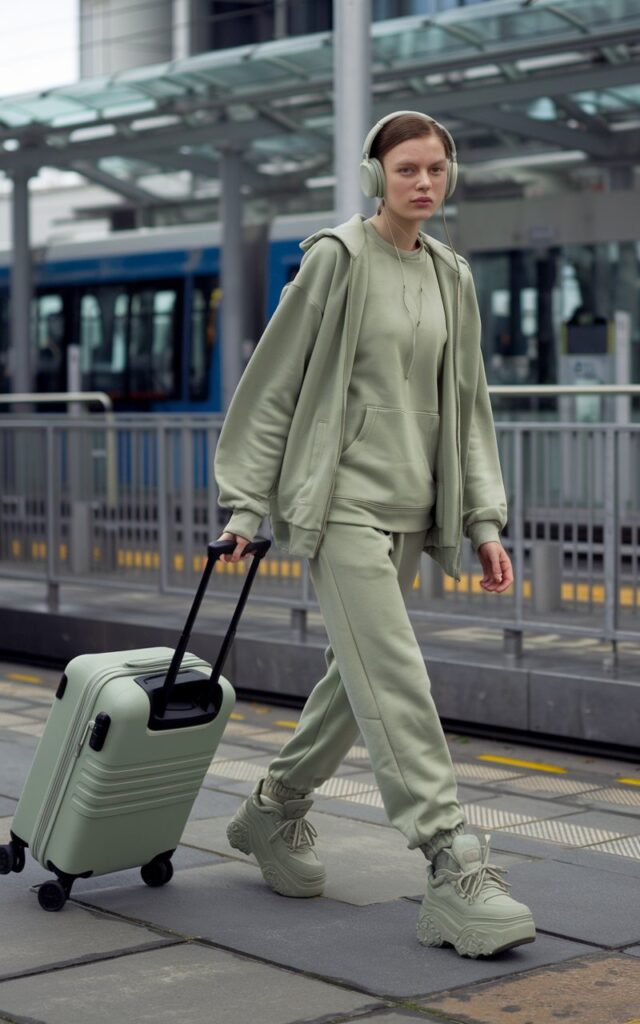 white model at an outdoor airport tram station, dressed in a muted green matching tracksuit and thick sneakers, headphones on, dragging a rolling suitcase.