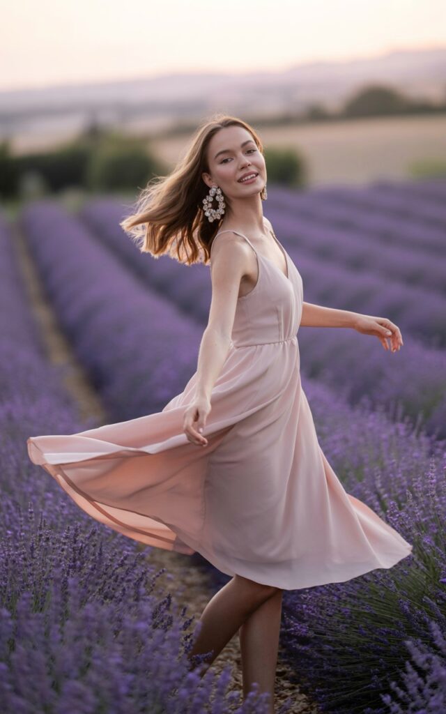 A European female model with flawless porcelain skin twirling in a blush-pink chiffon midi dress, bold crystal chandelier earrings catching golden sunset light, in a lavender field in Provence, cinematic soft-focus background, ethereal and romantic atmosphere.