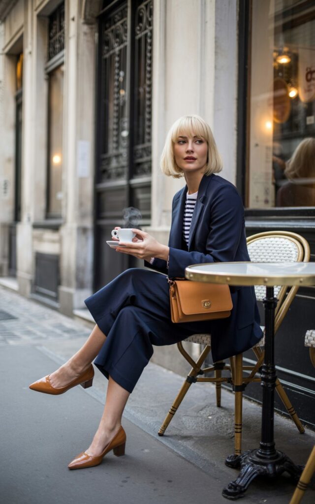A blonde model with a bob haircut sits outside a Parisian-style café. She wears navy cropped culottes, a tucked striped tee, pointed flats, and a small crossbody bag. Morning daylight creates crisp contrast on the cobblestones. She sits with legs crossed, coffee cup in hand, looking candid and chic.
