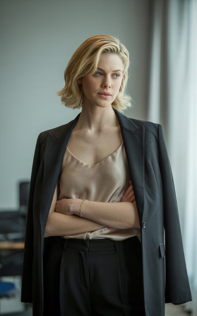 A blonde model with shoulder-length waves poses in soft indoor window light. She wears a champagne silk camisole tucked into black tailored trousers, layered with a sharp navy blazer. Minimal jewelry, pointed heels, and hair tucked behind one ear. Standing with arms crossed, relaxed but powerful energy.