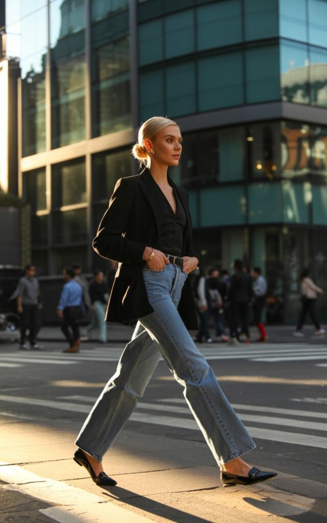 A blonde model with sleek hair styled in a low bun poses against a modern office building. She wears tailored straight-leg jeans, a black structured blazer, pointed loafers, and a slim leather belt. Golden-hour sunlight creates dramatic highlights along the glass facade. She walks confidently, one hand in her pocket, with a focused, self-assured expression.