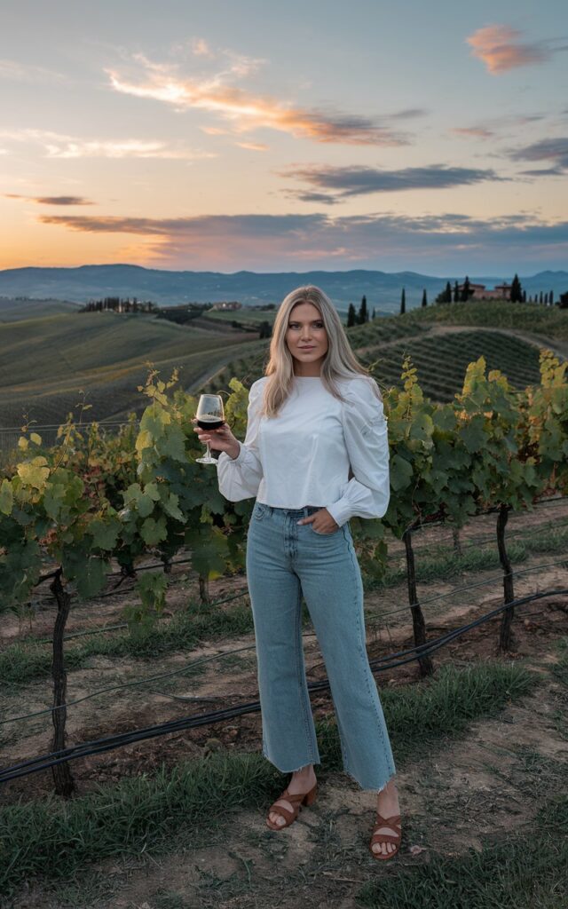 A blue-eyed blonde standing in a Tuscan vineyard at golden hour, wearing a white puffy-sleeve blouse tucked into faded straight-leg jeans, leather sandals, holding a glass of red wine, romantic countryside mood.
