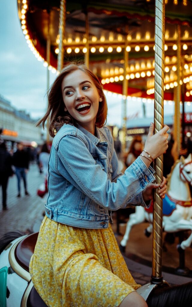 A blue-eyed model laughing on a carousel at dusk in a Paris fairground, wearing a yellow floral sundress under a light-wash cropped denim jacket, fairground lights twinkling in the background, whimsical and joyful atmosphere.