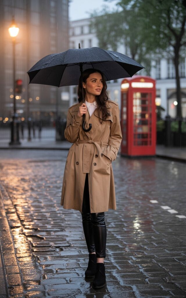 A brunette model standing on a rain-slicked cobblestone street in London at dusk, belted camel trench coat over sleek black skinny pants, holding a black umbrella, street lamps glowing in the mist, moody and cinematic.