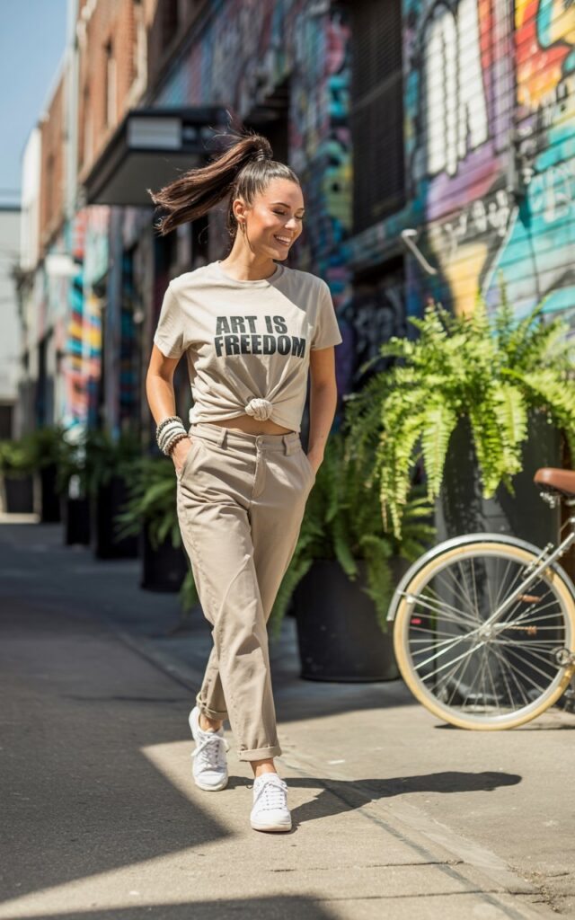 A brunette model with a high ponytail walks casually down an artsy urban alley. She wears beige chinos, a knotted graphic tee, sneakers, and layered bracelets. Midday daylight gives crisp shadows on the mural walls. She walks with her hands in her pockets, candid smile and carefree energy.