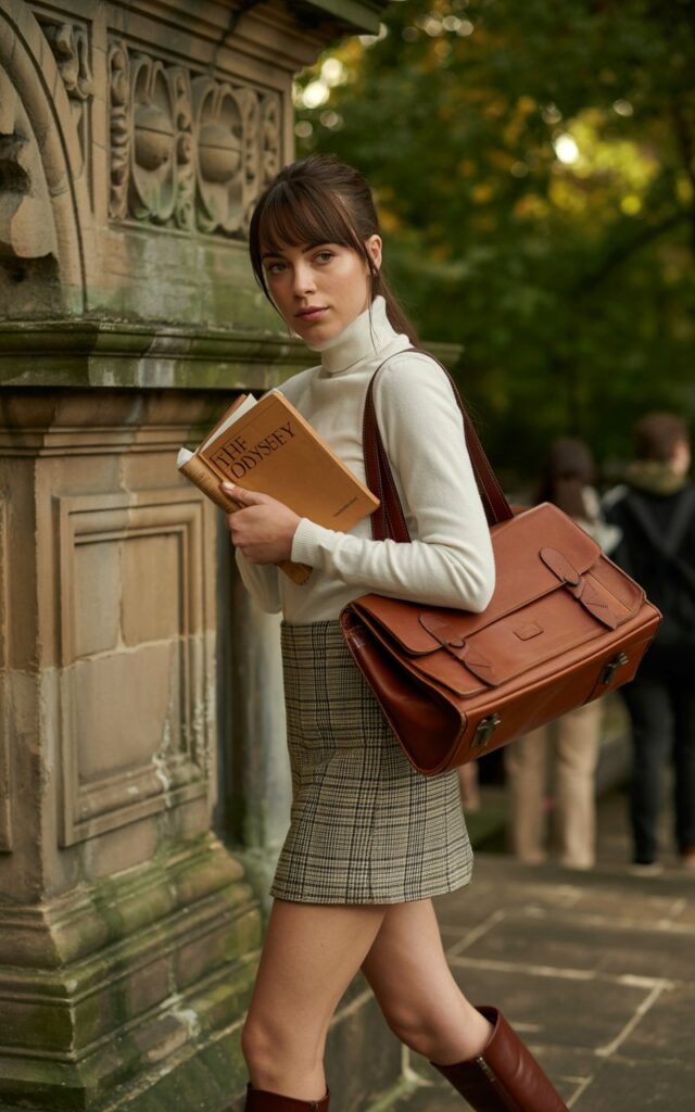 A brunette model with bangs stands on the steps of a university campus. She wears a plaid mini skirt, cream turtleneck sweater, knee-high boots, and a structured satchel. Soft autumn daylight highlights the stone architecture. She’s mid-step, holding a book, giving chic academia vibes with a subtle smile.