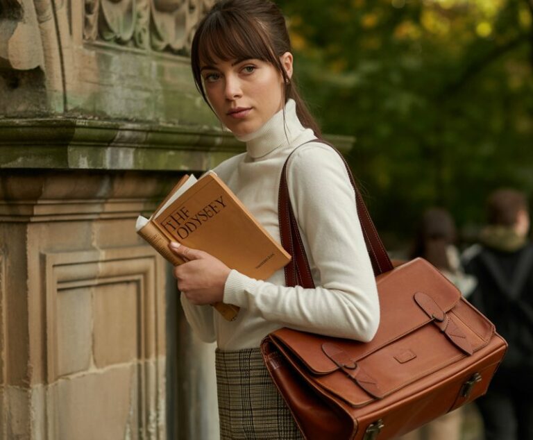 A brunette model with bangs stands on the steps of a university campus. She wears a plaid mini skirt, cream turtleneck sweater, knee-high boots, and a structured satchel. Soft autumn daylight highlights the stone architecture. She’s mid-step, holding a book, giving chic academia vibes with a subtle smile.