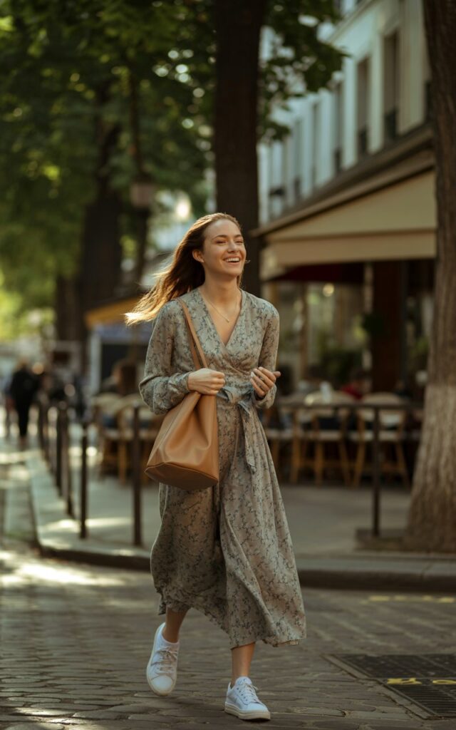 A brunette model with long hair tied back walks through a tree-lined street. She wears a wrap dress in muted floral print, minimalist white sneakers, and a bucket bag. Late afternoon natural light adds warmth. She laughs mid-stride, eyes looking off-camera, capturing effortless casual chic.