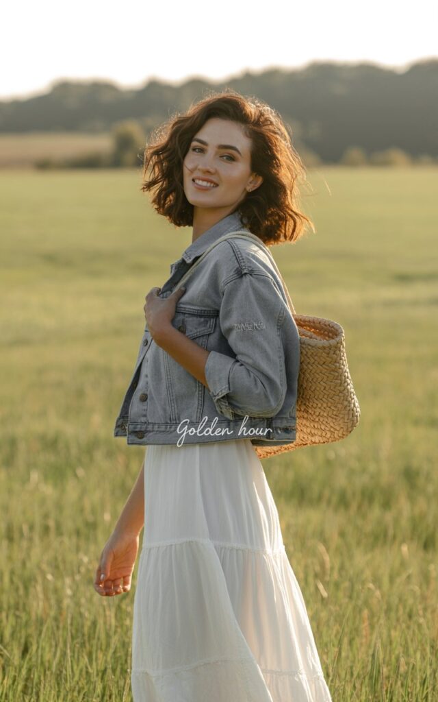 A brunette model with loose hair stands in a field at golden hour. She wears a white tiered maxi skirt, cropped denim jacket, flat sandals, and a straw tote. Golden sunlight creates a dreamy bohemian glow. She holds her skirt lightly while walking, smiling freely at the camera.