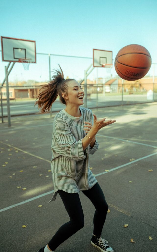 A brunette with a high ponytail, dressed in black leggings, oversized striped baseball tee, and sneakers. Shot in a sunny schoolyard with basketball hoops. She’s tossing a ball up with a carefree laugh, sporty and approachable.