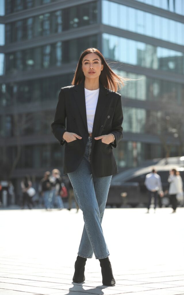 A brunette with sleek straight hair, wearing a black oversized blazer, white tucked tee, straight-leg jeans, and pointed ankle boots. Shot outside a modern glass office building during the day. She stands confidently with hands in pockets, chin slightly raised, exuding boss-babe energy.