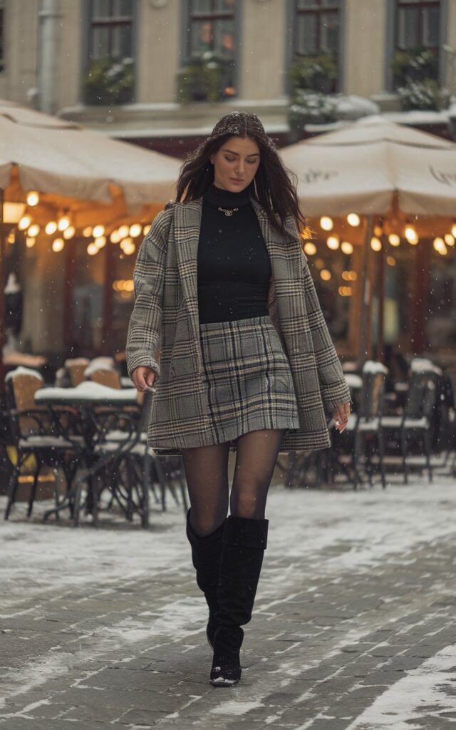 A chic brunette model strolling through a snowy Prague street, wearing a fitted black turtleneck, plaid mini skirt, sheer tights, and knee-high boots, snowflakes falling, warm café lights glowing in the distance.