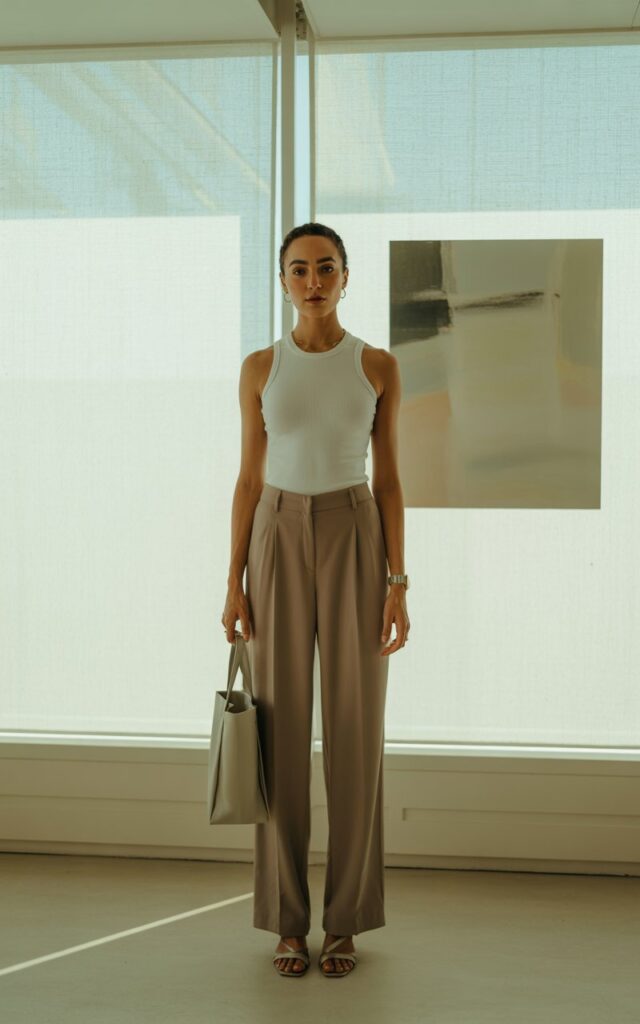 A chic office-like indoor setting with soft window light. The model wears a white fitted ribbed tank tucked into tailored high-waisted wide-leg trousers in taupe, paired with minimalist strappy sandals. Accessories include a slim watch and structured tote. Her pose is strong standing tall with arms relaxed at sides, looking directly into camera with a calm, powerful expression.