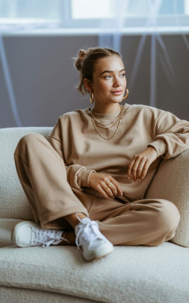 A cozy scene the model lounges on a studio couch in natural indoor light. She wears a beige oversized sweatsuit styled with layered gold necklaces and hoop earrings. White sneakers peek under the sweats. Her hair is in a messy bun, expression soft and relaxed.