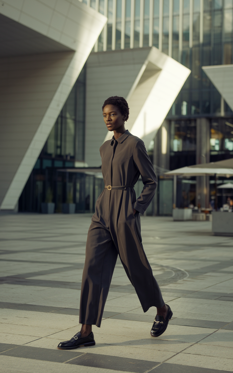A dark-skinned Afro-Caribbean woman walking through a chic urban plaza, wearing a minimalist charcoal jumpsuit cinched at the waist with a slim belt and classic black loafers.