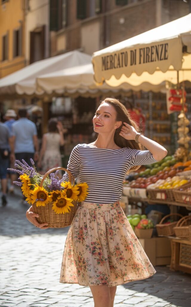 A fair-skinned brunette posing in a quaint Italian village market, wearing a black-and-white striped bateau-neck top and a vibrant floral A-line skirt, holding a basket of fresh flowers, golden morning light, rustic charm and playful sophistication.