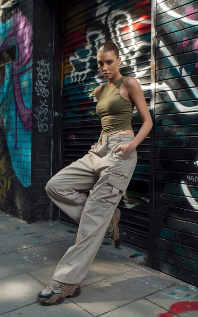 A fierce, high-fashion model with slicked-back hair poses against a graffiti-covered wall in East London. She wears an olive fitted tank and beige cargo pants with high-end chunky sneakers. Harsh shadows and bold color splashes create a gritty, editorial street-style scene.