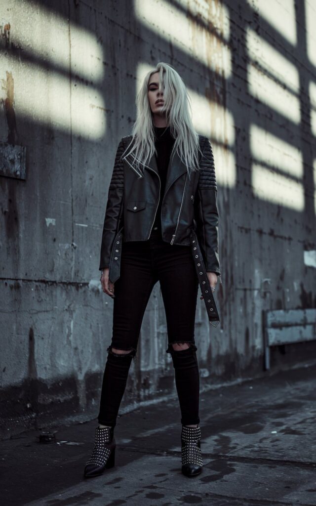 A fierce-looking platinum blonde standing against a gritty Berlin warehouse wall, wearing a black leather moto jacket, ripped skinny jeans, and studded ankle boots, harsh afternoon light for a rebellious, high-fashion editorial feel.