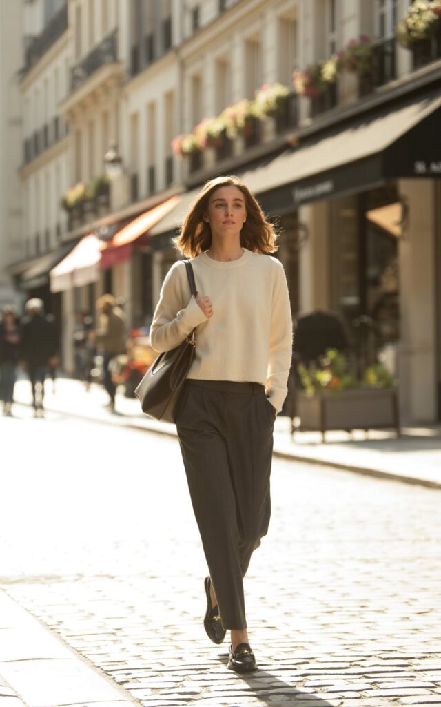A full-body shot of a white-skinned female model in a cream cashmere crewneck sweater tucked into charcoal tailored trousers, styled with black loafers and a leather satchel. She’s walking across a cobblestone street lined with luxury boutiques during golden hour. Soft sunlight highlights her sharp cheekbones and natural brown waves. Her expression is confident but relaxed, like she’s on her way to a casual meeting.