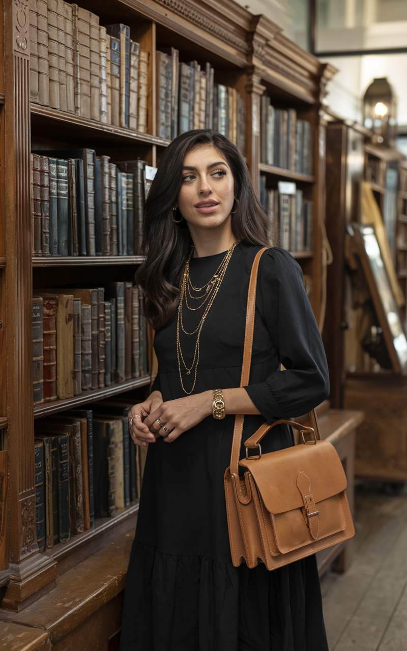 A golden-toned Middle Eastern woman inside an antique bookstore, wearing a simple black dress styled with layered gold vintage jewelry and a structured tan leather satchel on her shoulder.