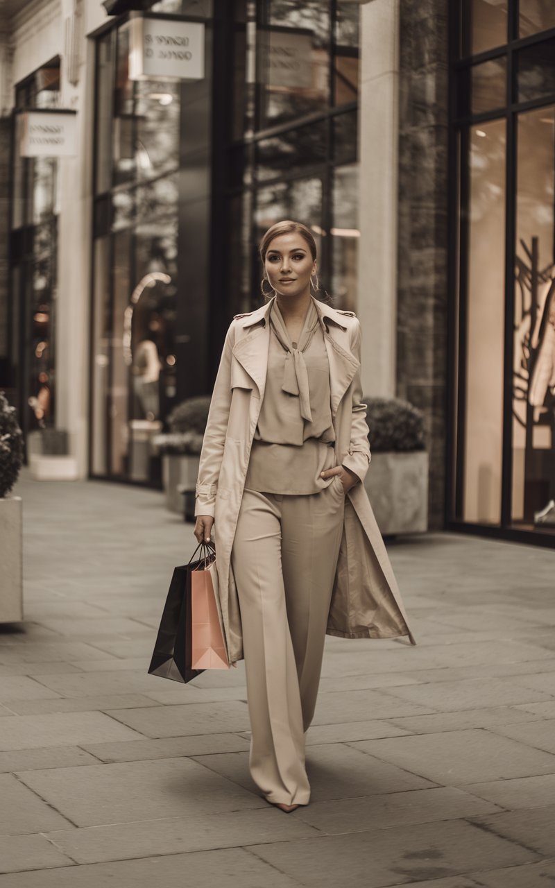 A light-brown skinned Latina woman walking through an upscale outdoor shopping district, dressed in layered beige tones — trench, blouse, and trousers — holding a designer shopping bag.