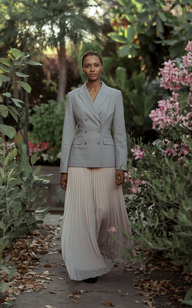 A medium-brown African-American woman walking through a quiet botanical garden in the late afternoon sun, wearing a structured grey wool blazer over a flowing pastel maxi skirt.