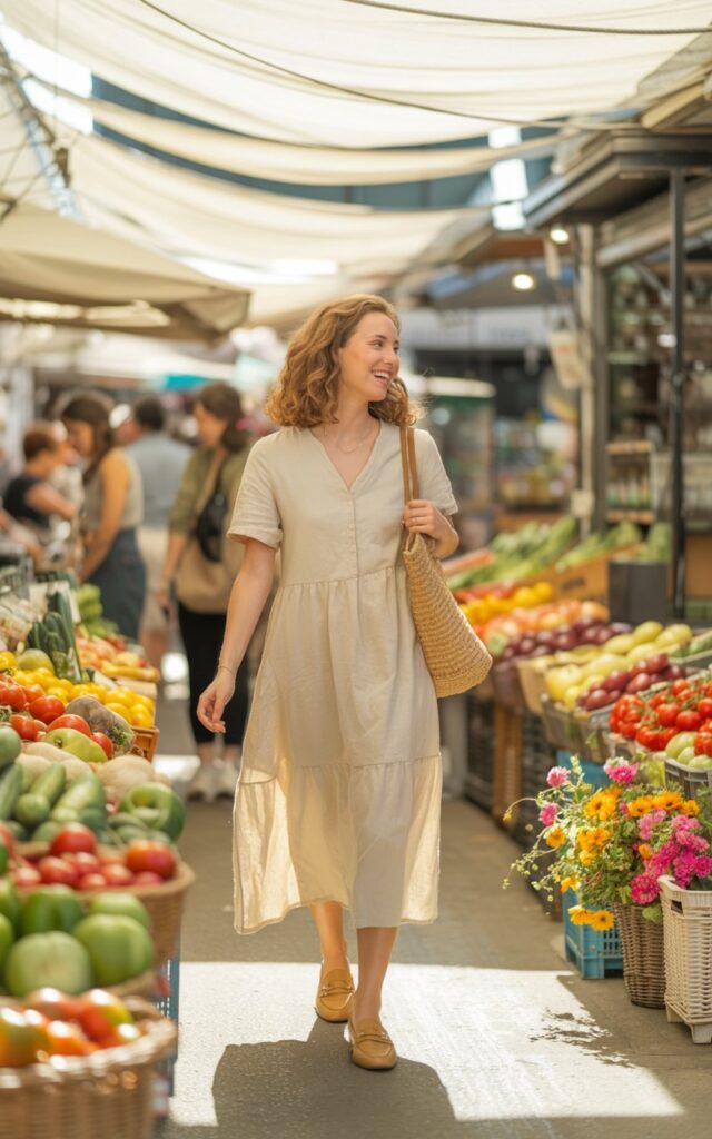 A model in a cream linen midi dress styled with tan loafers and a woven tote bag. She’s strolling through a farmers market in the morning sun. Natural waves frame her face, expression cheerful and approachable, with soft realism in skin texture.