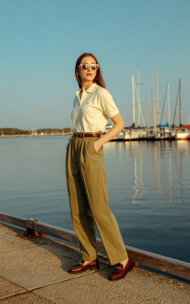 A model in a cream polo shirt tucked into high-waisted olive slacks with a slim leather belt, brown loafers, and sunglasses. Captured at a marina boardwalk with boats in the background during golden hour. Her posture is casual, one hand in her pocket, looking away with a chic, preppy vibe.