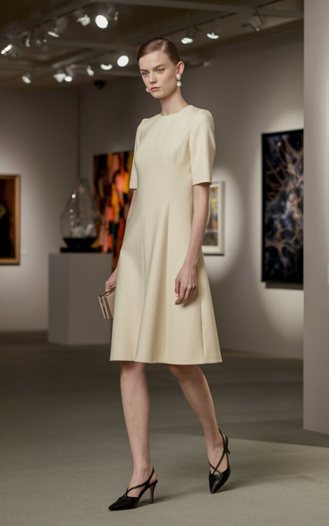 A model in a cream shift dress styled with black slingback heels and pearl studs. Captured in an art gallery under soft indoor lighting. She stands elegantly with a small clutch, expression refined and understated.