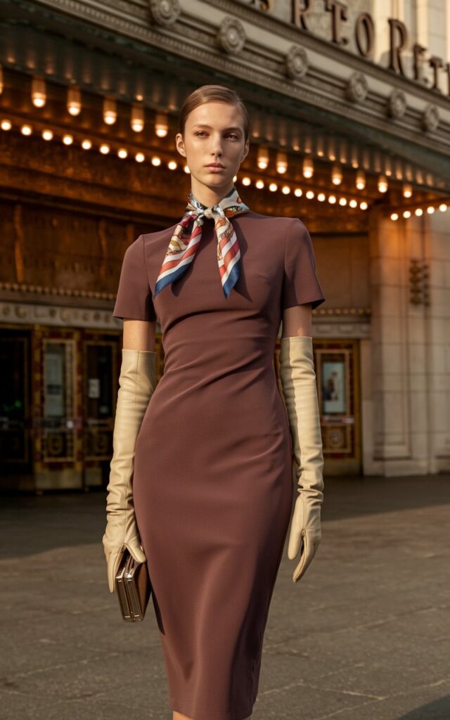 A model in a fitted midi dress styled with a printed silk scarf tied at her neck and cream gloves. Captured outside a historic theater at golden hour. She holds a small structured clutch, expression timeless and retro-chic.