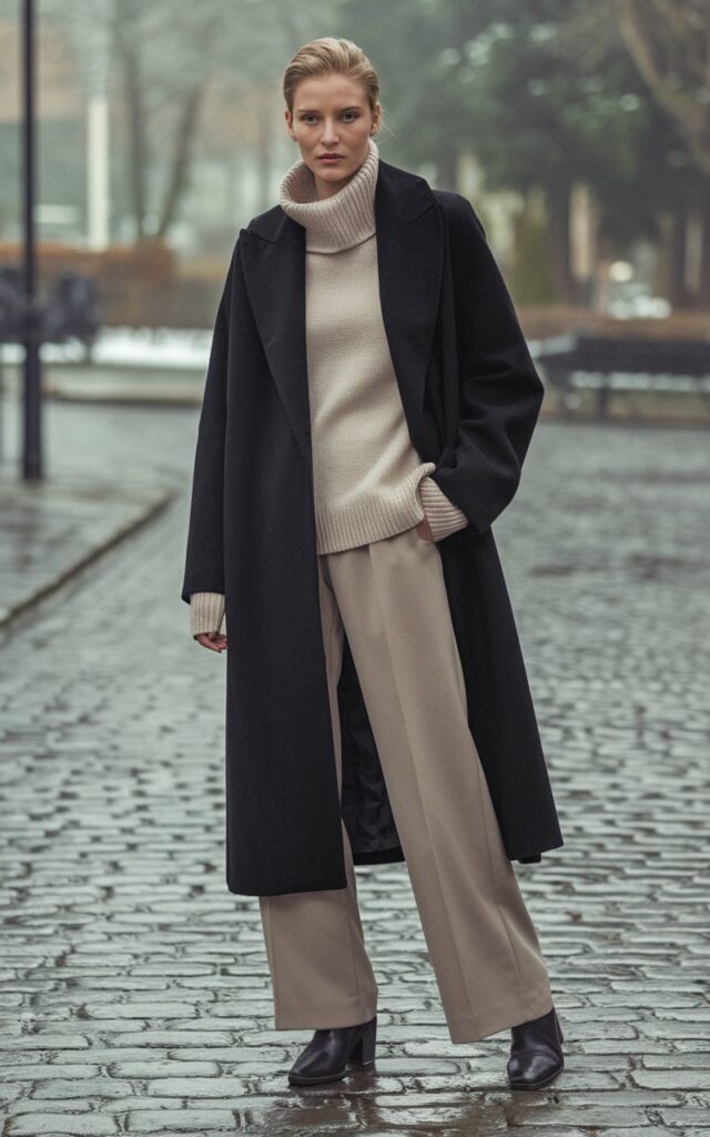 A model in a luxurious black cashmere coat layered over neutral trousers and a beige knit, paired with ankle boots. Shot on a cobblestone winter street with natural overcast lighting. She looks poised, hair tucked back, expression confident and classic.