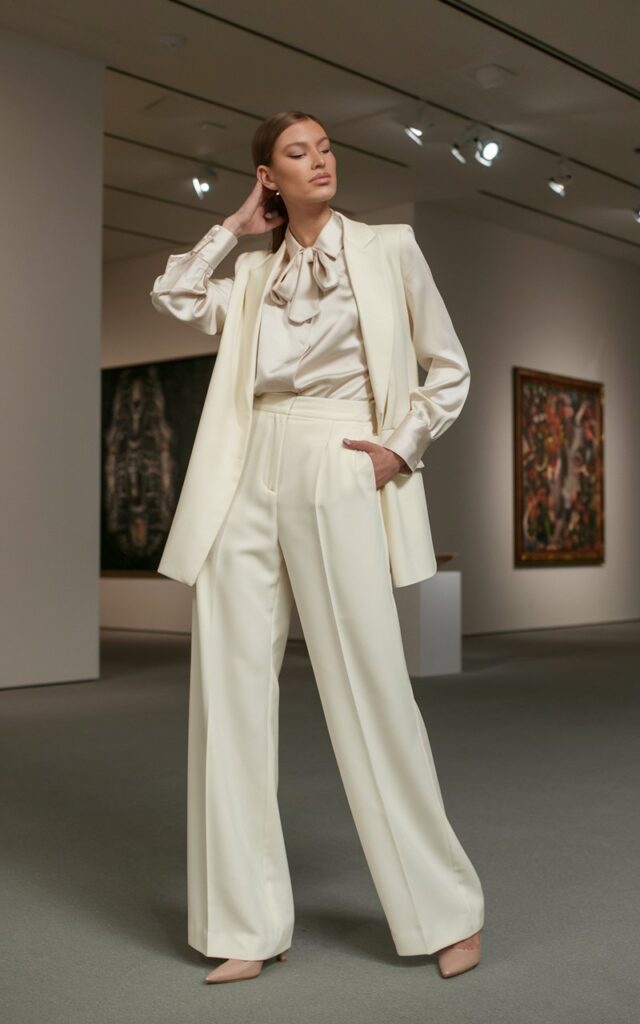 A model in a monochrome cream outfit wide-leg trousers, silk blouse, and nude heels. Shot in a modern art gallery with clean indoor lighting. She stands elegantly, one hand brushing her hair, expression calm and chic.