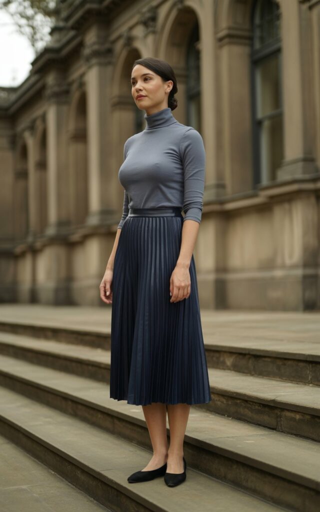 A model in a navy pleated midi skirt with a slim gray turtleneck and black ballet flats. She’s posed on stone steps of a historic library, shot in soft daylight. Her hair is styled in a neat bun, face lit naturally, with a calm and sophisticated expression.