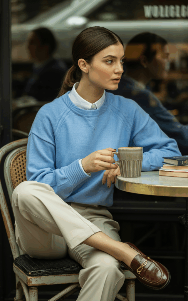 A model in a pale blue crewneck sweater layered over a crisp white button-down, paired with slim beige trousers and polished brown loafers. Shot in a quiet café with window light creating soft shadows across her face. She sits casually on a wooden chair, hair in a sleek ponytail, looking thoughtful while stirring coffee.
