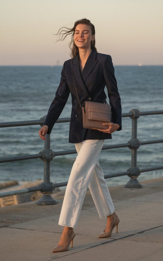 A model in a tailored navy blazer over white denim jeans and nude heels, styled with a structured crossbody bag. She’s walking along a seaside promenade during golden hour, wind slightly lifting her hair. Her expression is candid, as if caught mid-laugh.
