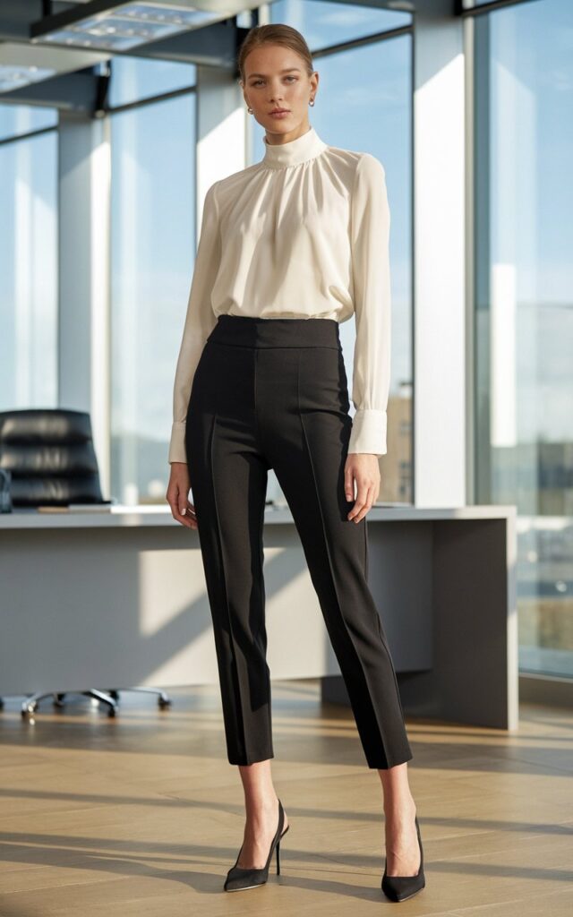 A model in an ivory high-neck blouse tucked into slim black cigarette pants, styled with black slingback pumps. Shot in a sleek modern office with natural daylight streaming in. Her pose is upright and elegant, expression serene and professional.