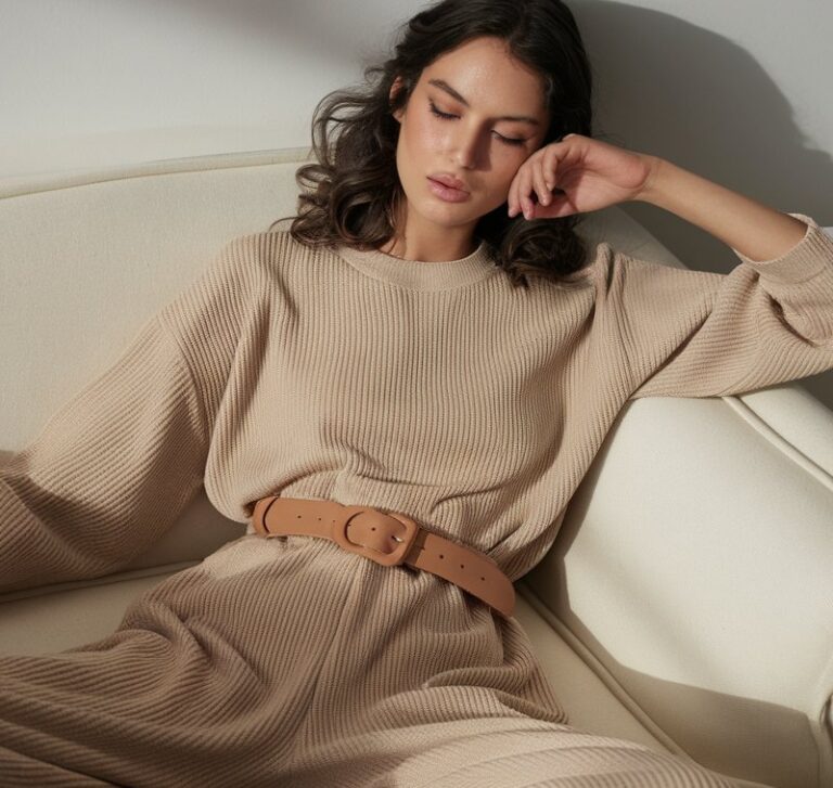 A model lounging on a cream sofa in a chic beige knit set, cinched with a tan leather belt, styled with neutral sandals. Studio lighting mimics soft afternoon sun. Her pose is relaxed but polished, with soft curls framing her face and a serene, stylish expression.