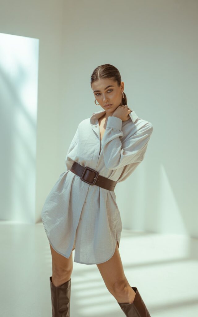 A model poses against a minimal white studio wall under soft indoor light. She wears a crisp oversized shirt dress cinched with a wide leather belt, paired with knee-high boots. Hair is sleek in a high ponytail, expression strong but playful.