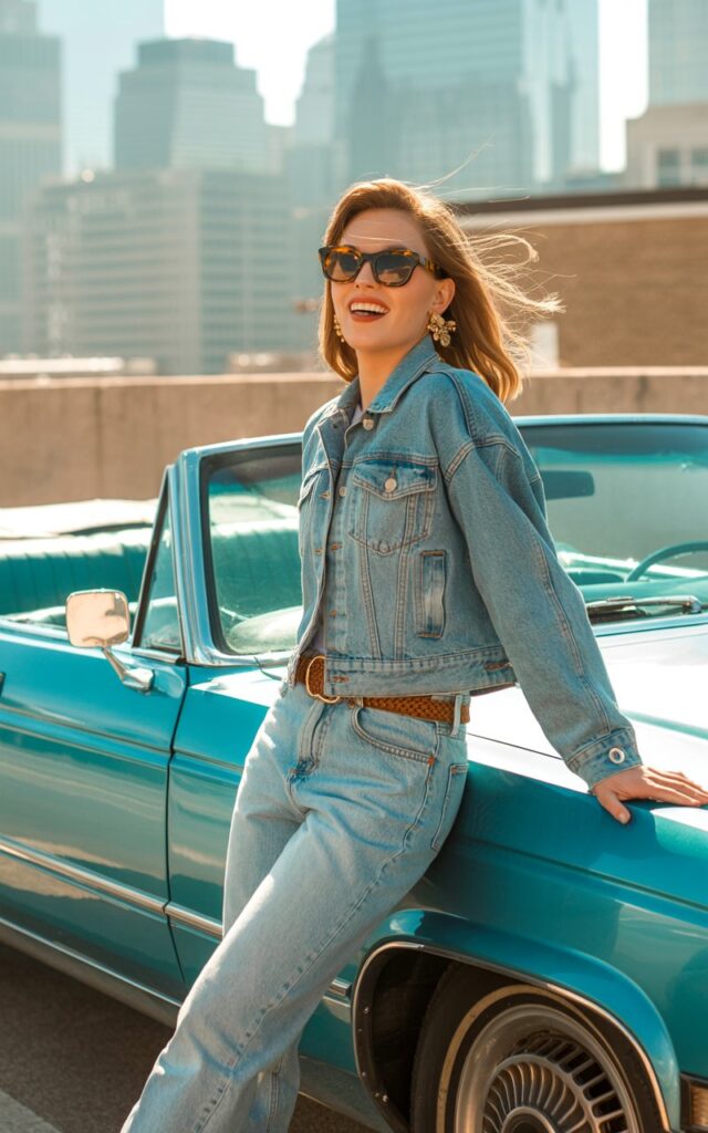 A model poses in a sunlit rooftop parking lot wearing light-wash jeans with a matching denim jacket. Accessories oversized belt, chunky sunnies, and statement earrings. She leans against a vintage car, playful smirk on her face.