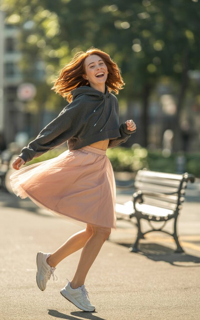 A model twirls in a pale pink tulle skirt paired with a gray cropped hoodie. Shot outdoors in natural daylight at a city park, sneakers on her feet, hair bouncing. She laughs mid-spin, giving ballerina-meets-streetwear vibes.
