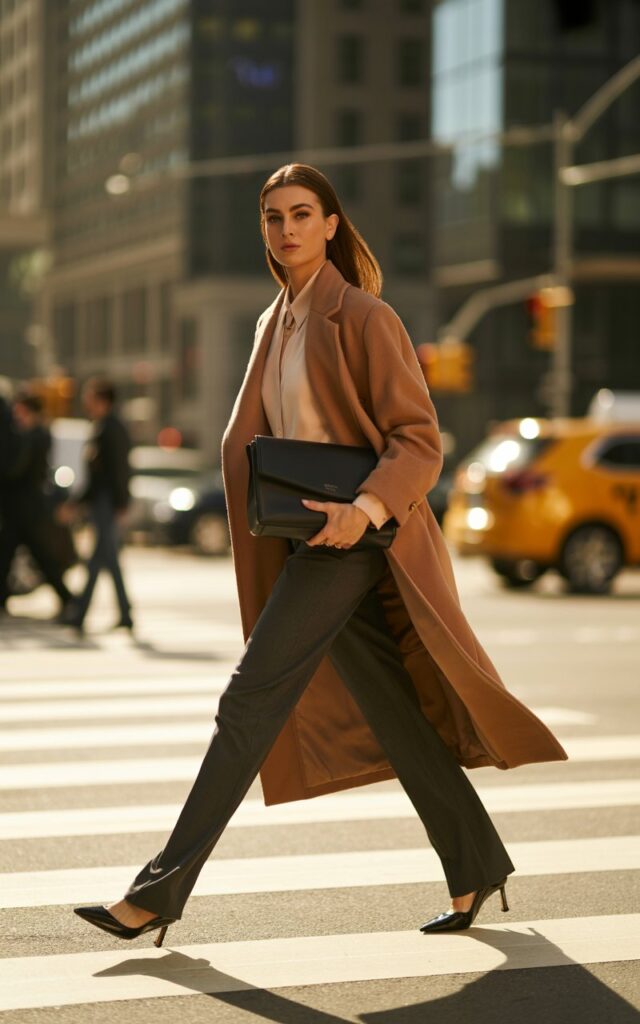A model walking across a crosswalk in a camel coat over slim black trousers and pointed flats. The shot captures golden sunlight hitting tall buildings behind her. She carries a structured black bag, hair glossy and straight, with a confident stride and serious gaze.