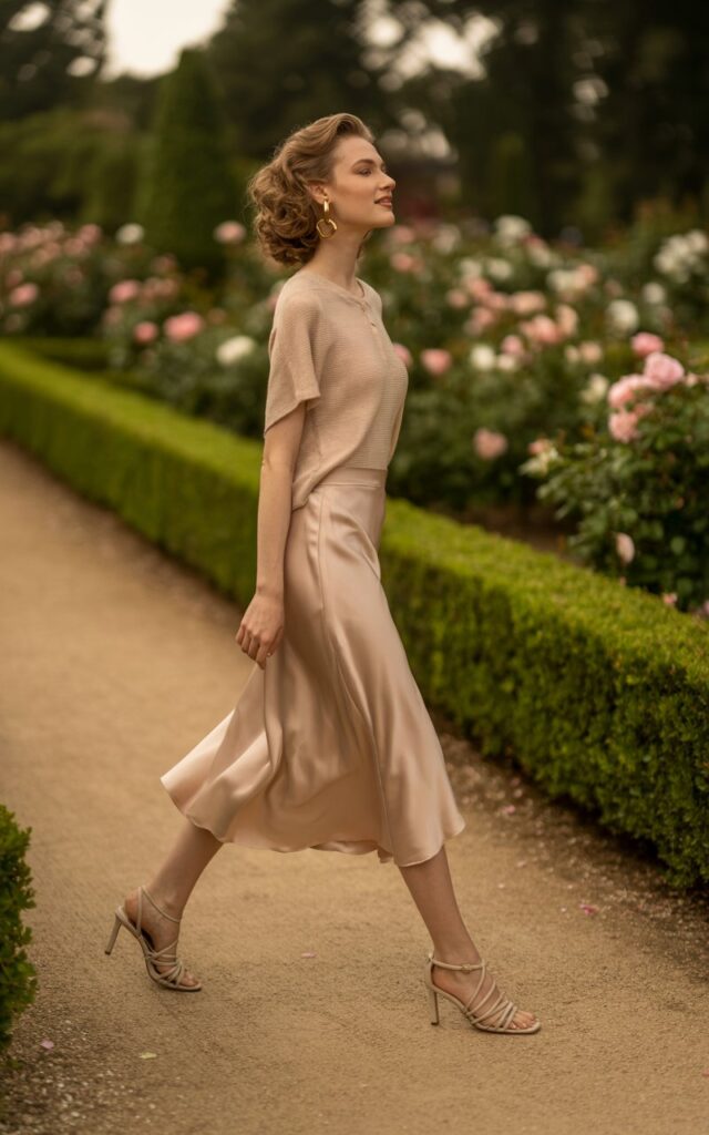 A model wearing a champagne silk midi skirt paired with a fitted beige knit top, strappy nude heels, and delicate gold hoops. She walks through a manicured garden during golden hour, the silk skirt catching the light. Her posture is graceful, with her hair styled in soft curls and a serene, feminine expression.