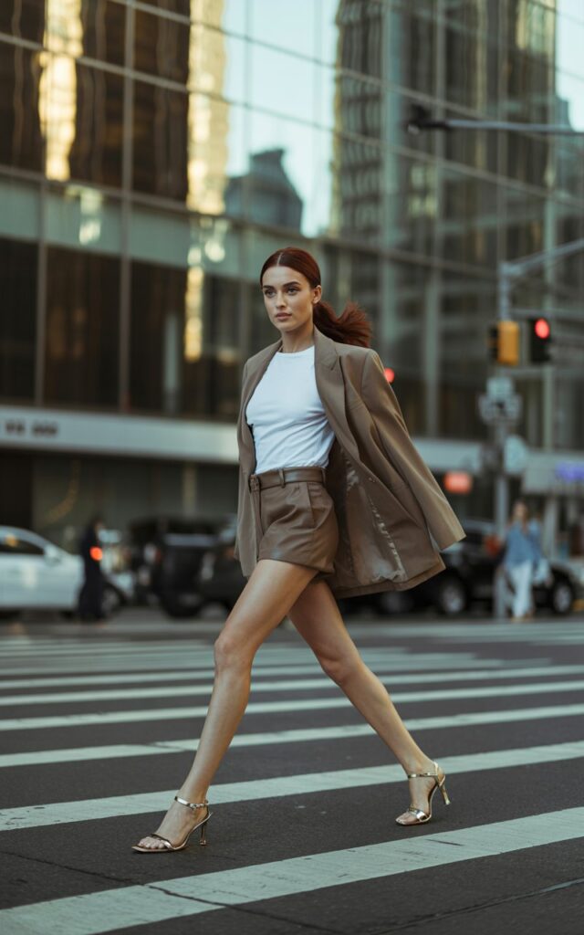 A model with chestnut hair in a sleek ponytail struts confidently across a crosswalk. She wears tailored high-waisted shorts, a fitted white tee, an oversized beige blazer, and strappy heels. Afternoon daylight bounces off glassy skyscrapers. She looks straight at the camera with a bold, confident smirk.